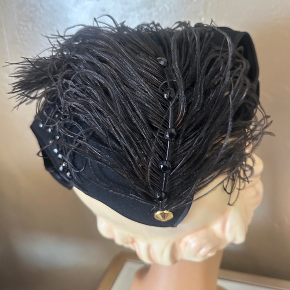 INVENTIVE 1940\'S BLACK FELT CAP WITH GOLD STUDS, BEADS & SATIN BAND TRIM main image 9